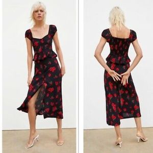 Zara Two Piece Rose Print Top and Midi Skirt SM/XS